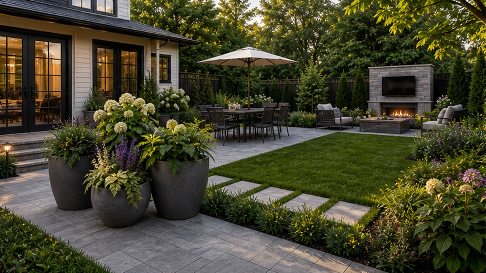 Backyard Ideas with grouped planters