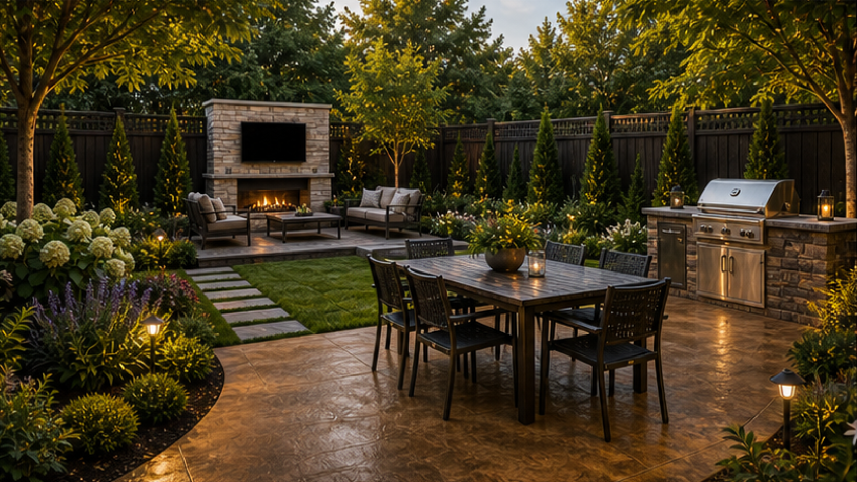 Backyard Landscaping Ideas with a treated concrete look