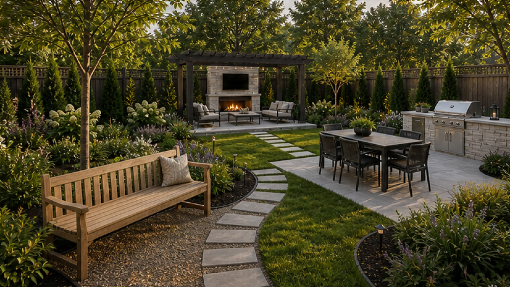 Backyard Landscaping Ideas with a bench accent