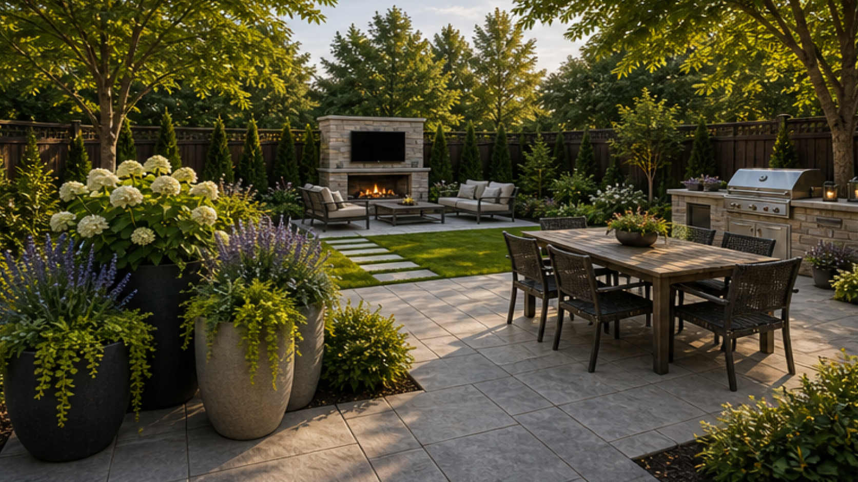 Backyard Landscaping Ideas with grouped planters