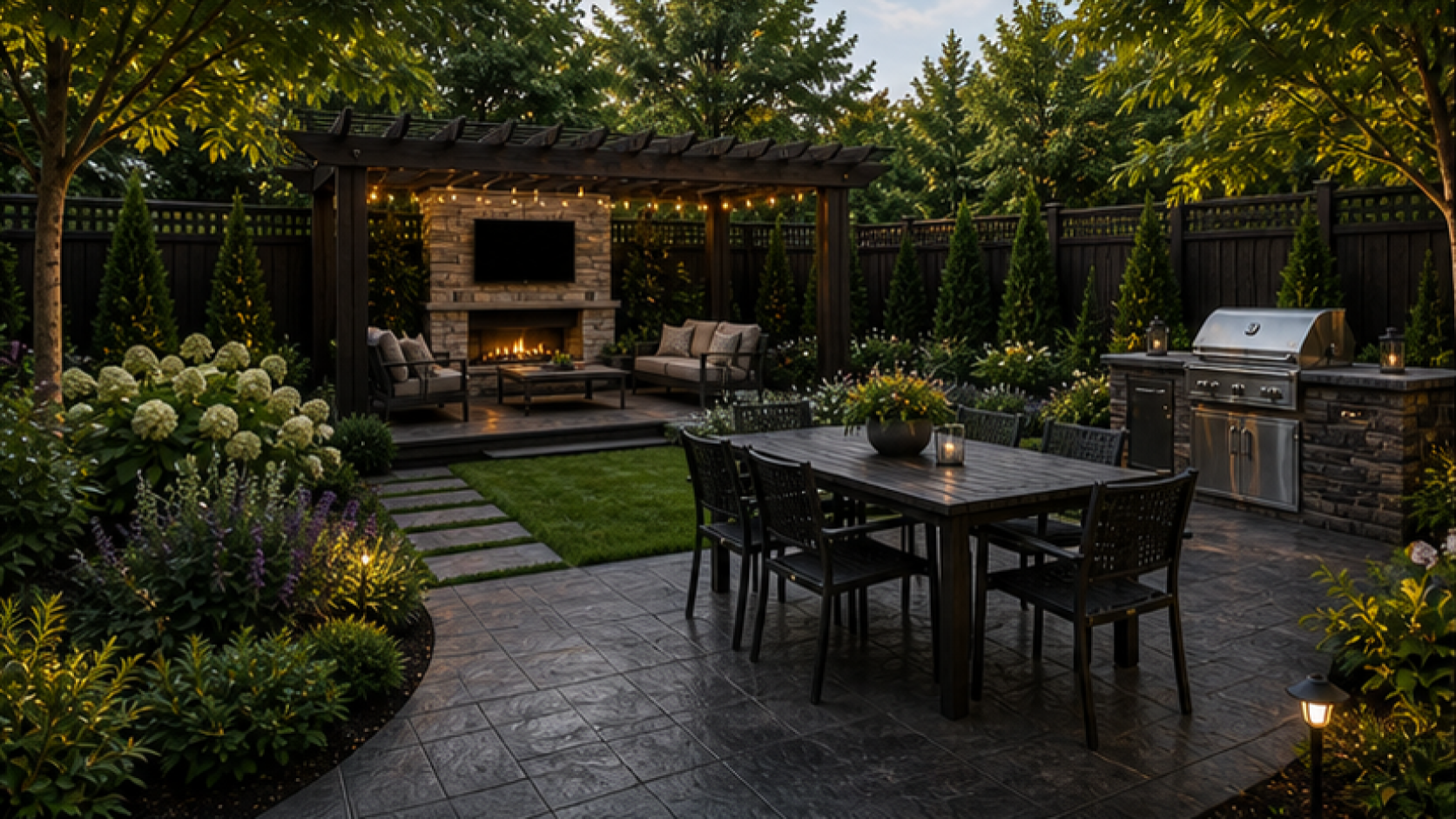 Backyard Landscaping Ideas with dark wood accents