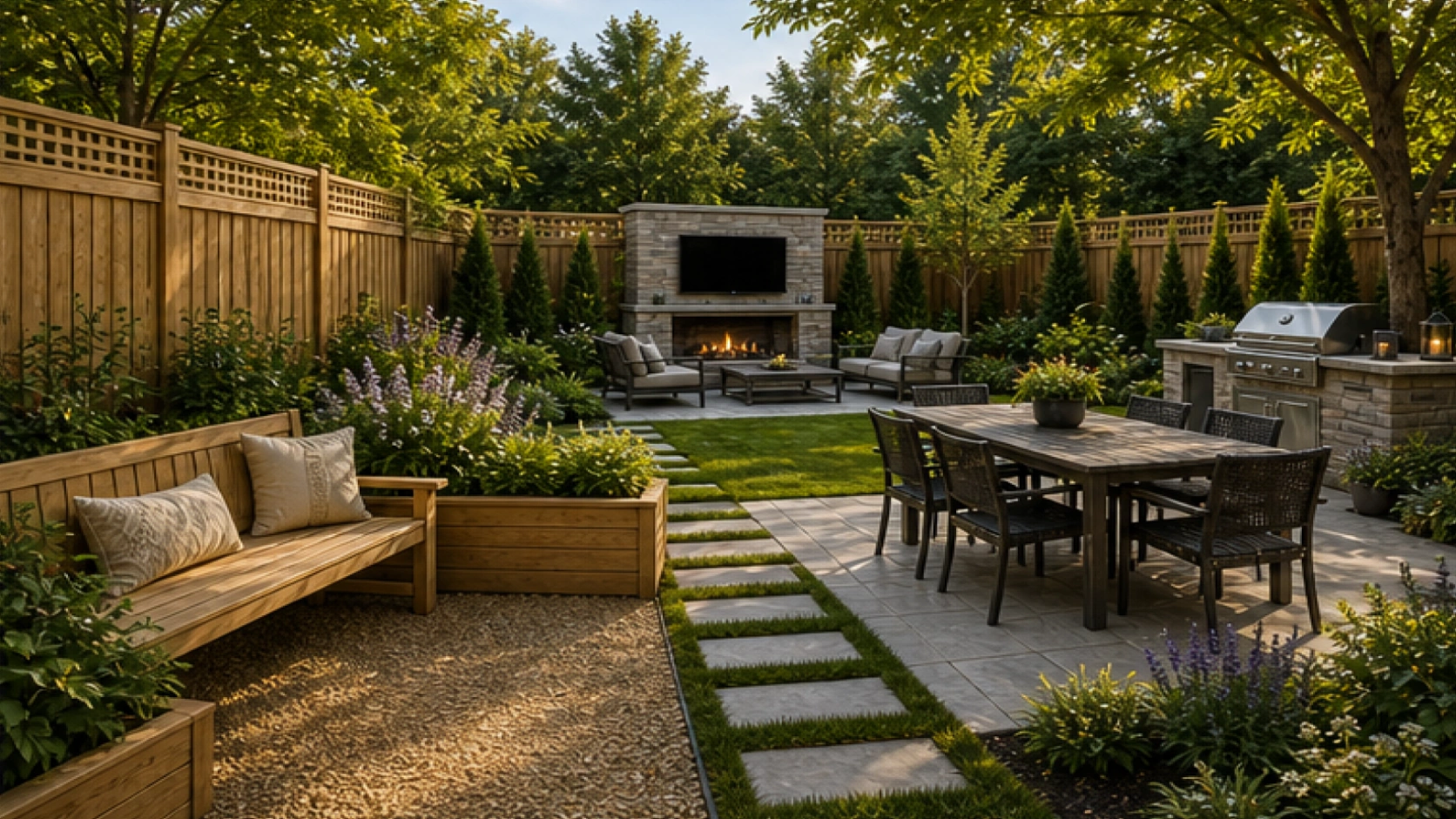 Backyard Landscaping Ideas with natural wood accents