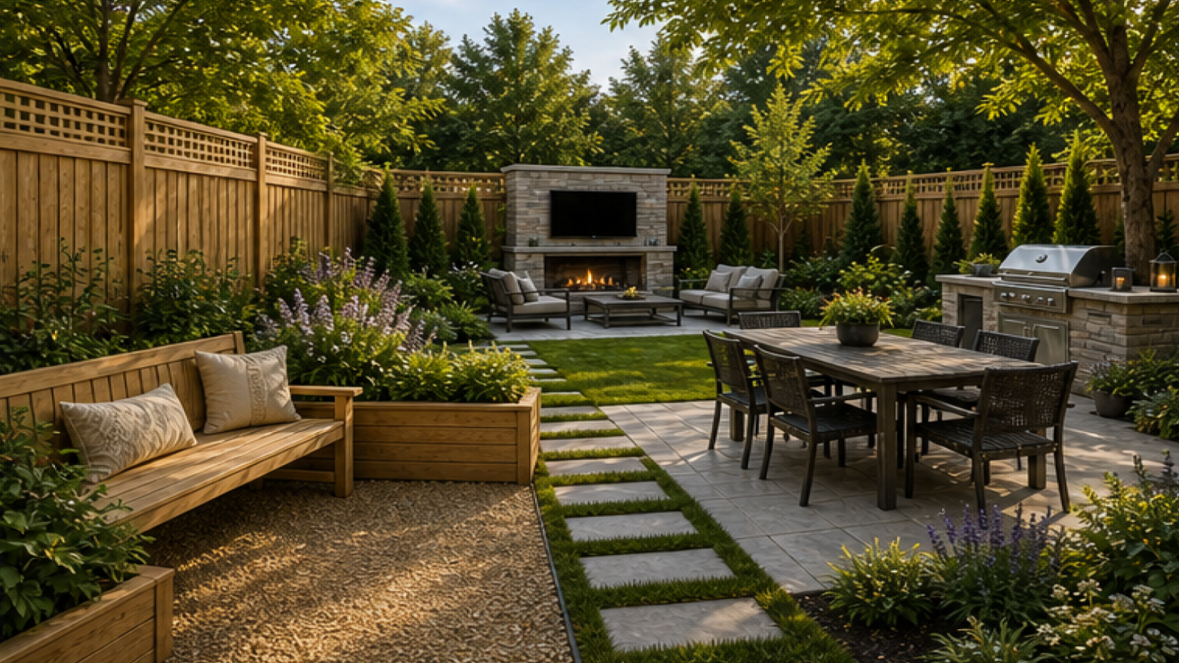 Backyard Landscaping Ideas with natural wood accents