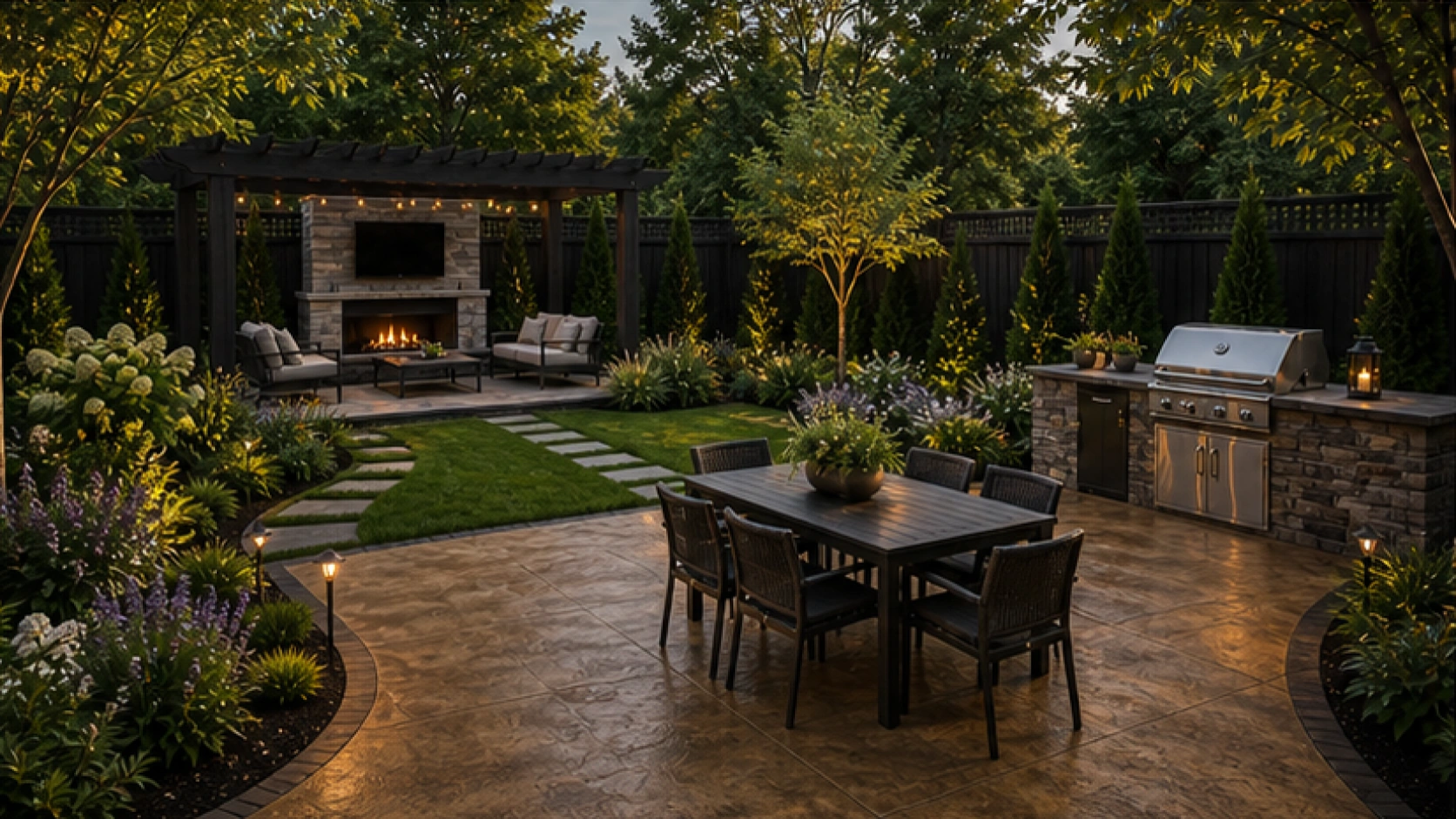 Backyard Landscaping Ideas with a treated concrete look