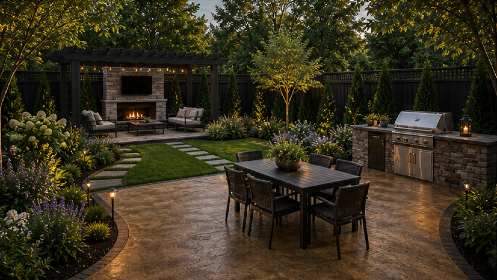 Backyard Landscaping Ideas with a treated concrete look