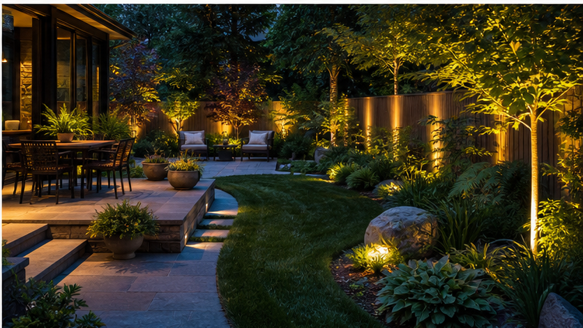 Backyard Landscaping Ideas with evening light