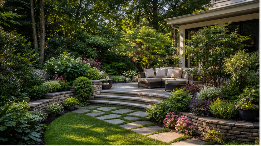 Backyard Landscaping Ideas with lush planting