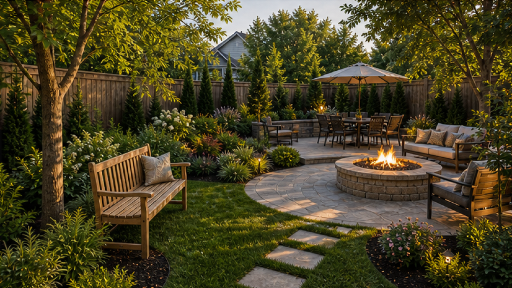 Backyard Landscaping Ideas with a bench accent