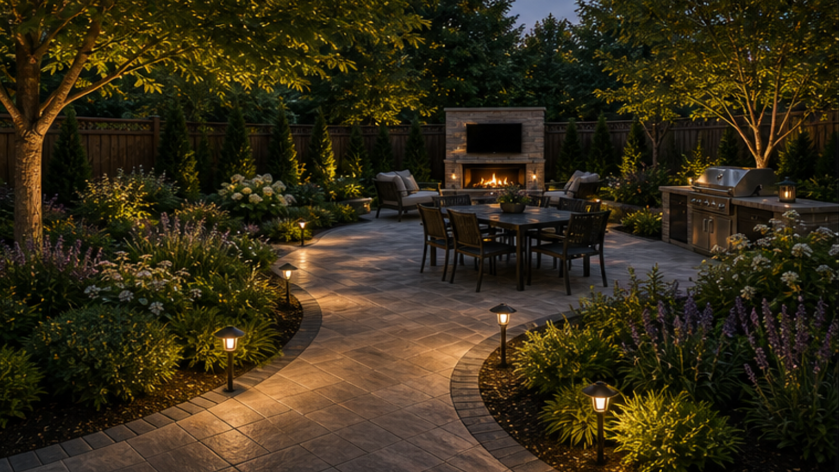 Backyard Landscaping Ideas with path light accents