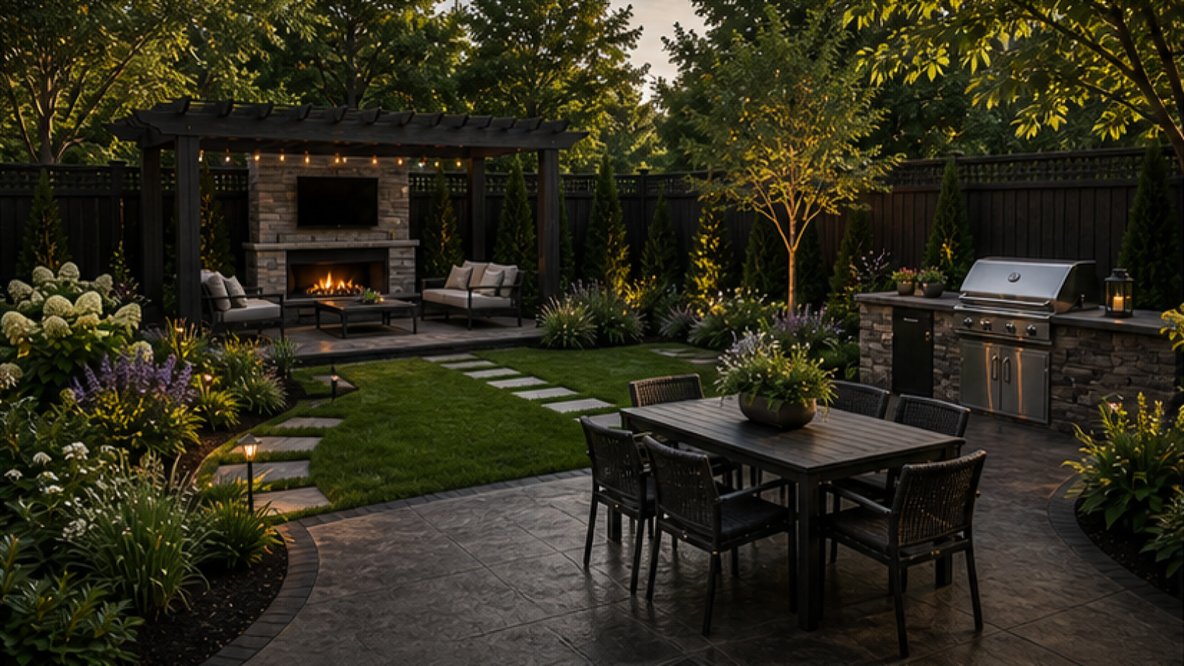 Backyard Landscaping Ideas with dark wood accents