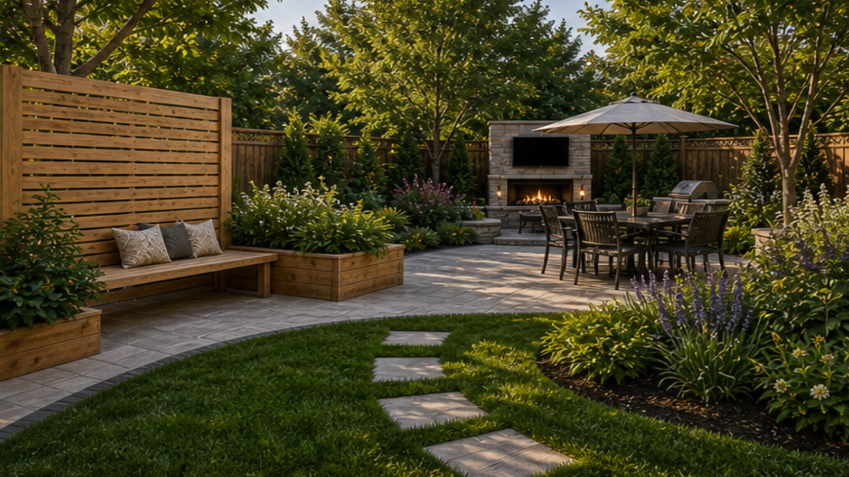 Backyard Landscaping Ideas with natural wood accents
