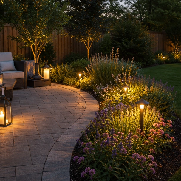 Backyard Patio Border Ideas with evening glow