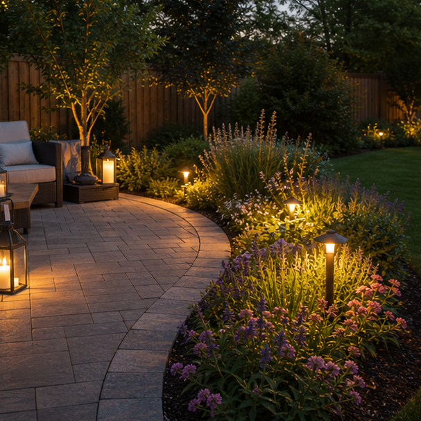 Backyard Patio Border Ideas with evening glow