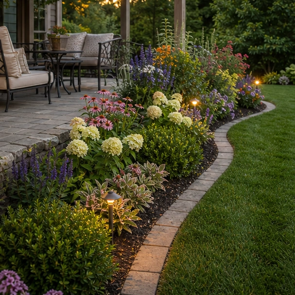 Backyard Patio Border Ideas with flower edge