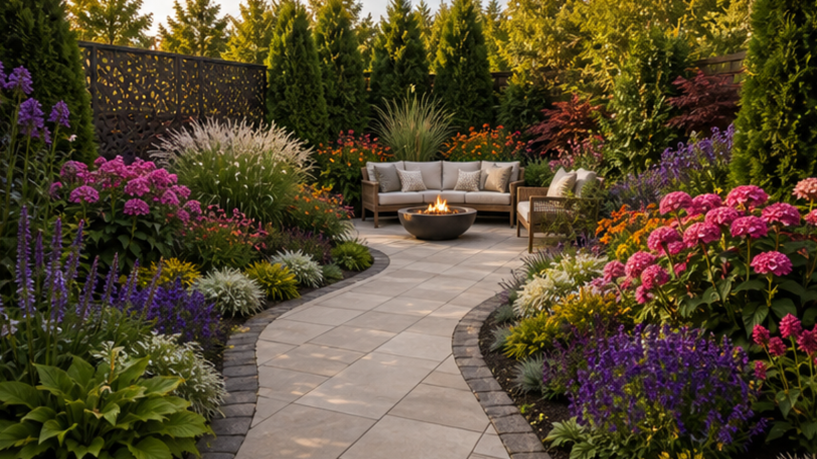 Backyard Privacy Landscaping Ideas with seasonal color