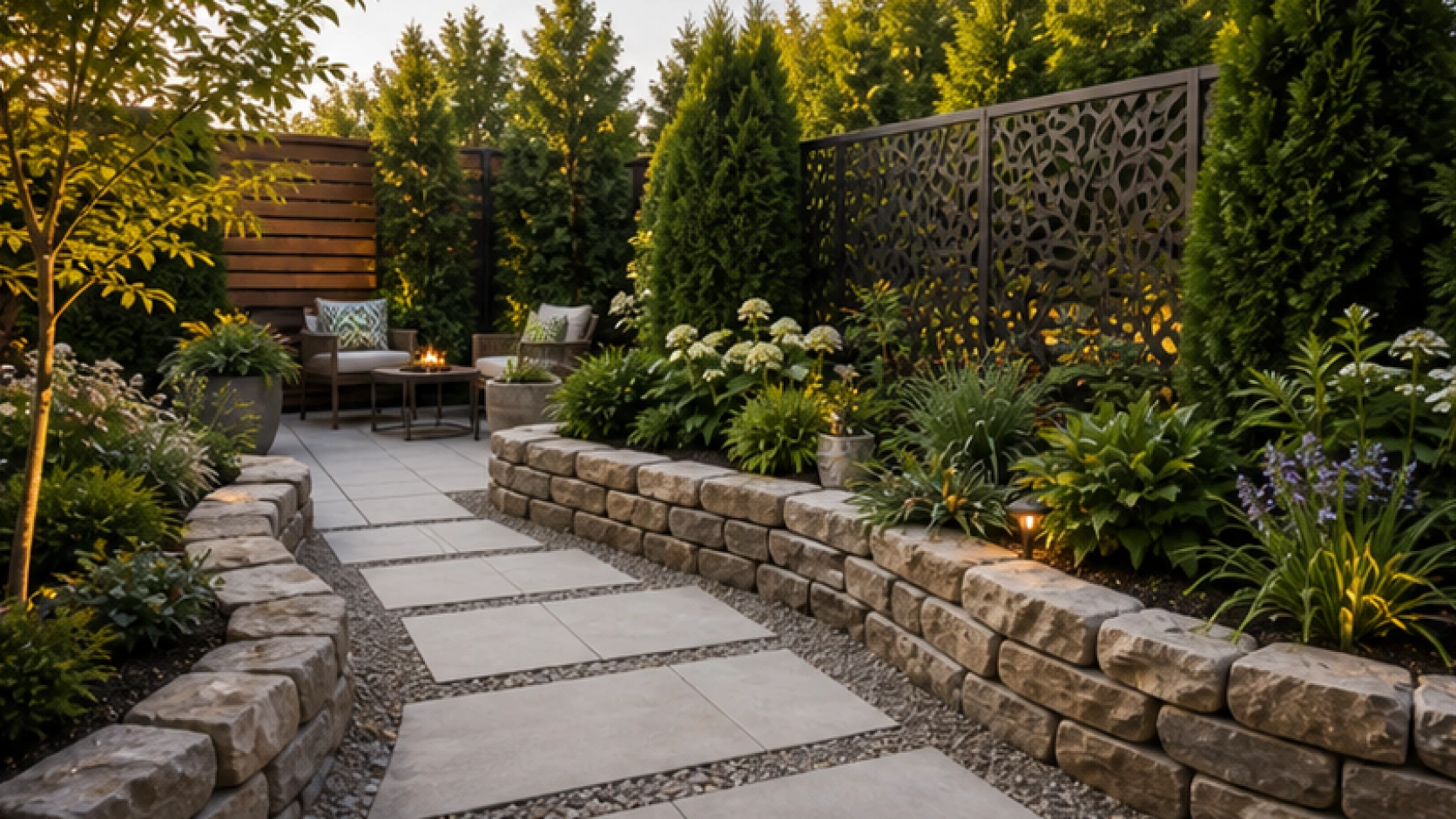 Backyard Privacy Landscaping Ideas with stone border