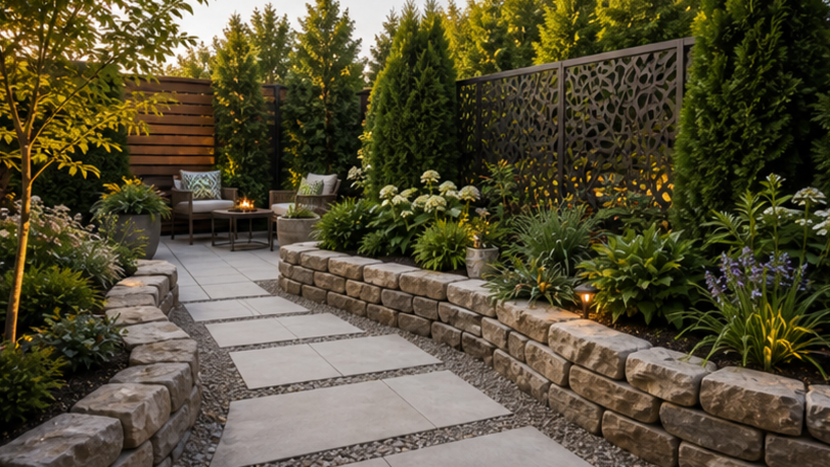 Backyard Privacy Landscaping Ideas with stone border