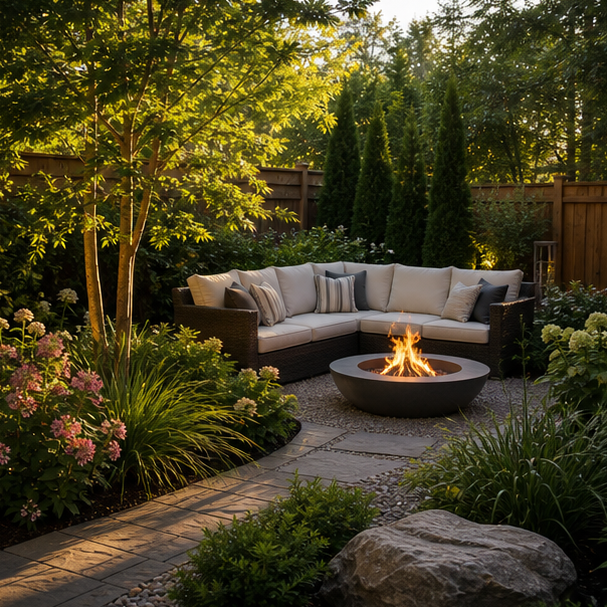 Backyard Seating Area Ideas with layered planting