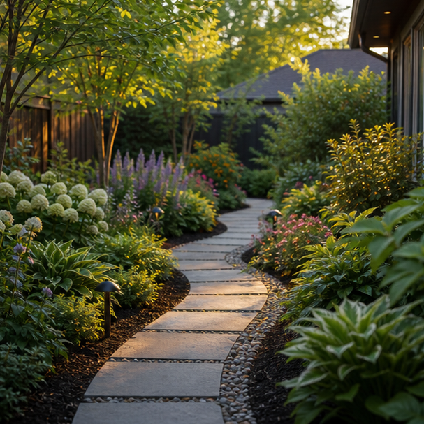 Backyard Walkway Ideas with layered planting