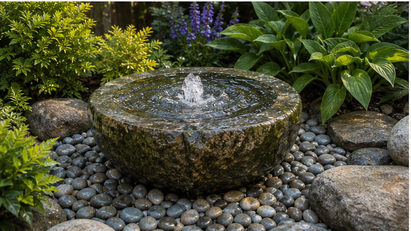 Backyard Water Feature Ideas with planting and material detail