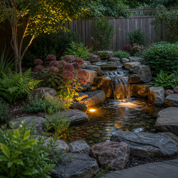 Backyard Water Feature Ideas with layered planting