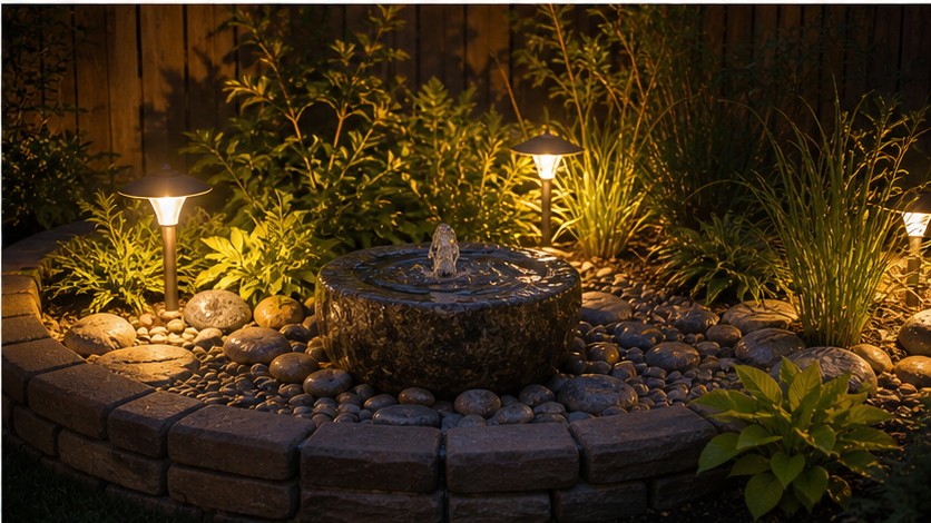Backyard Water Feature Ideas with lighting idea