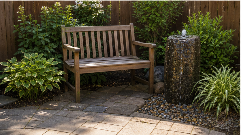Backyard Water Feature Ideas with garden bench