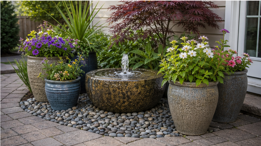 Backyard Water Feature Ideas with planters