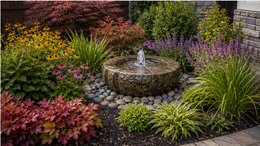 Backyard Water Feature Ideas with seasonal color