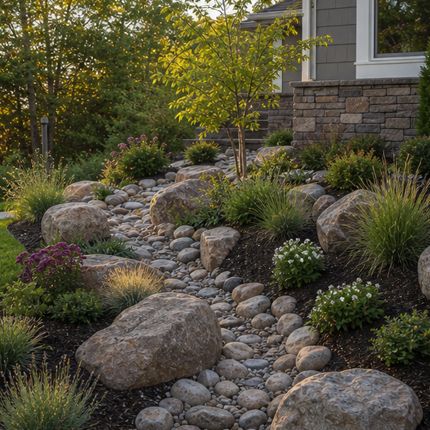 Boulder Landscaping Ideas with dry creek look