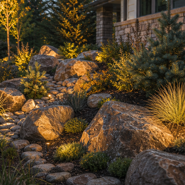 Boulder Landscaping Ideas with evening light