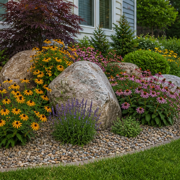 Boulder Landscaping Ideas with flower softening