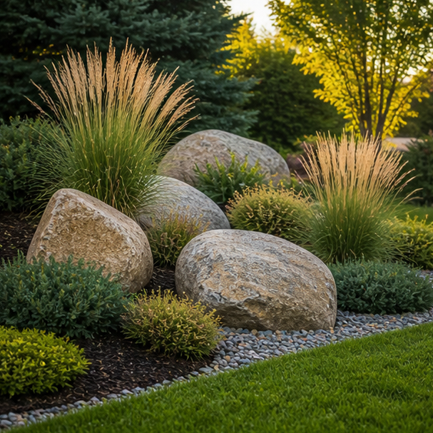 Boulder Landscaping Ideas with ornamental grasses