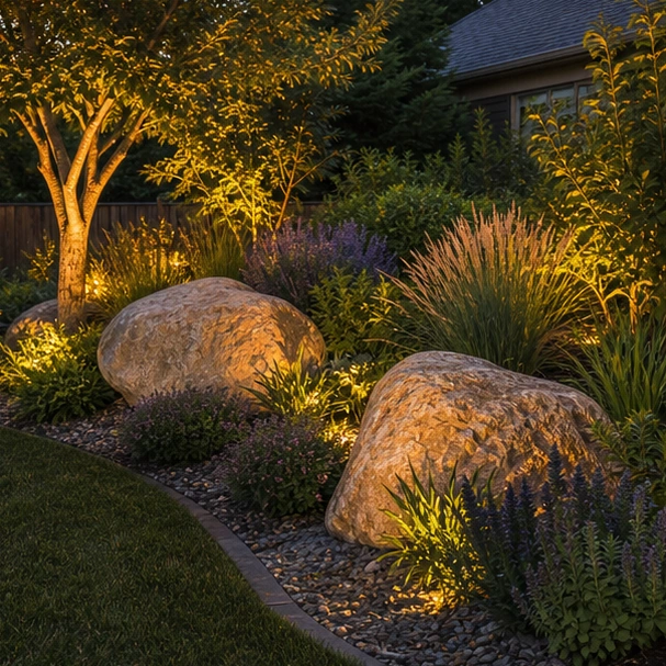 Boulder Landscaping Ideas with lighting direction