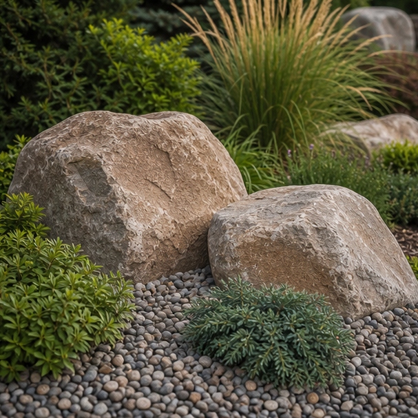 Boulder Landscaping Ideas with materials and planting