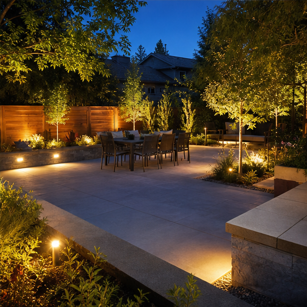 Concrete Patio Ideas with evening light