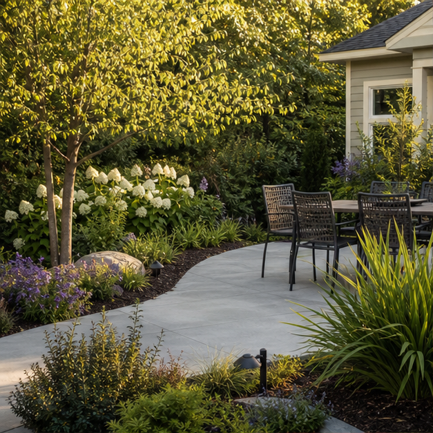 Concrete Patio Ideas with lush planting