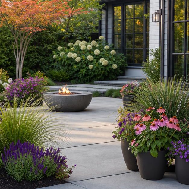 Concrete Patio Ideas with seasonal color