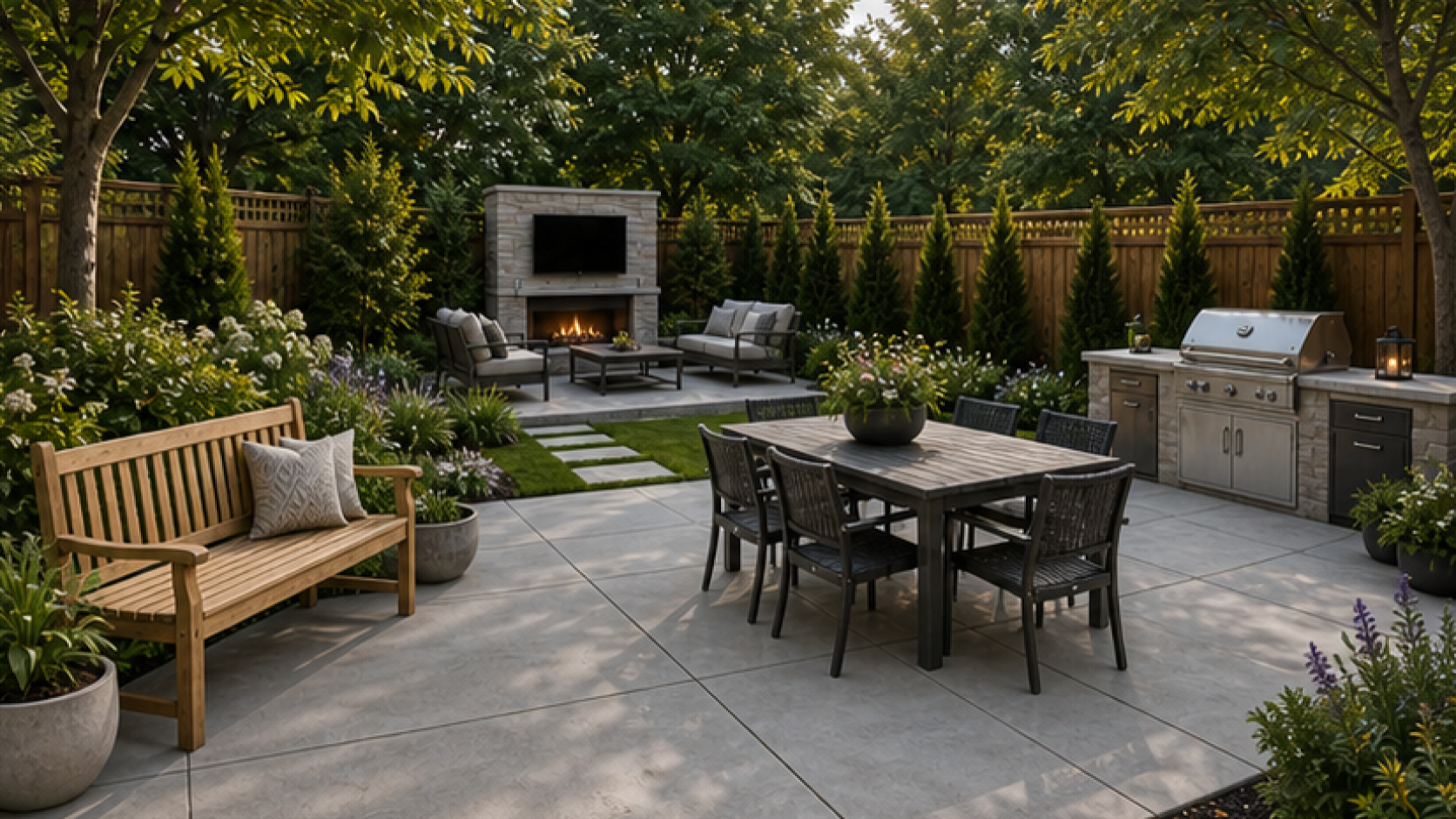 Concrete Patio Ideas with a bench accent