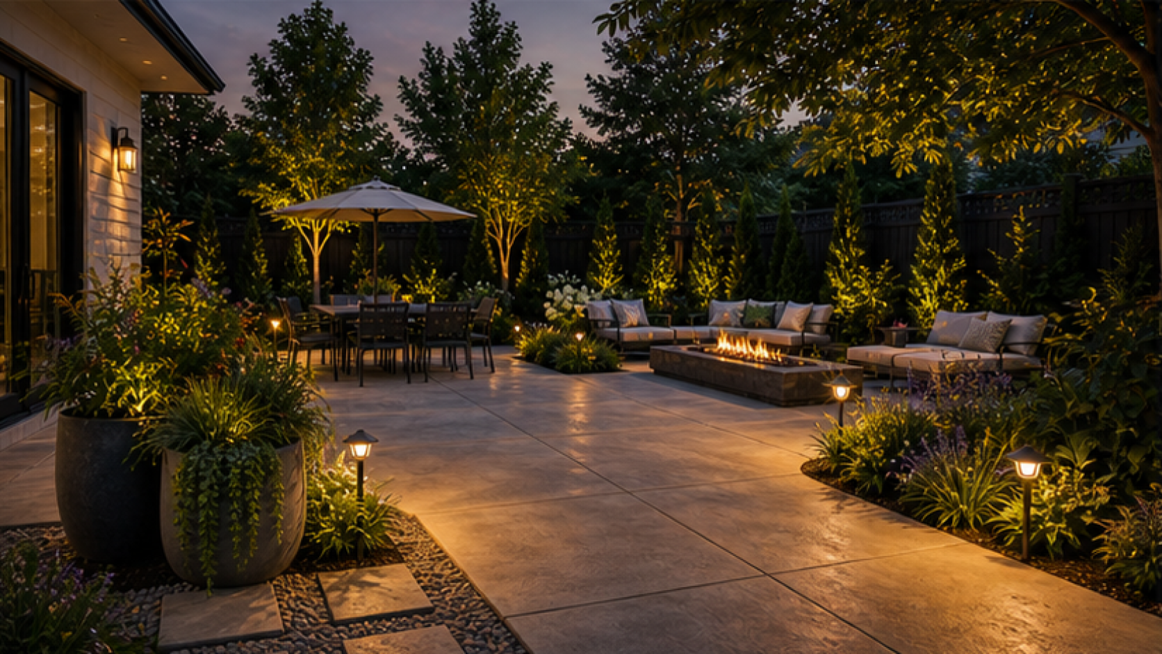 Concrete Patio Ideas with path light accents