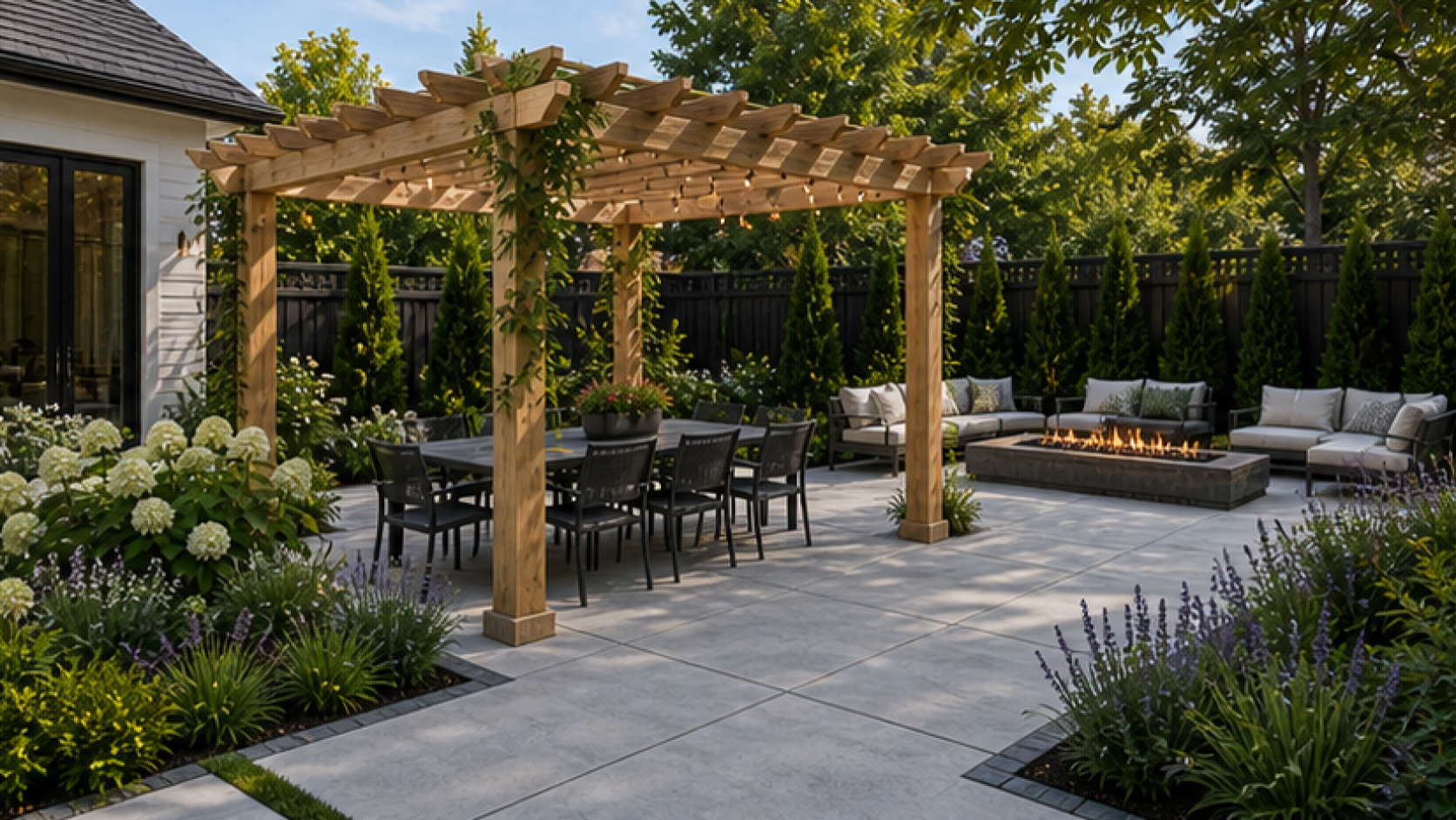 Concrete Patio Ideas with a pergola accent
