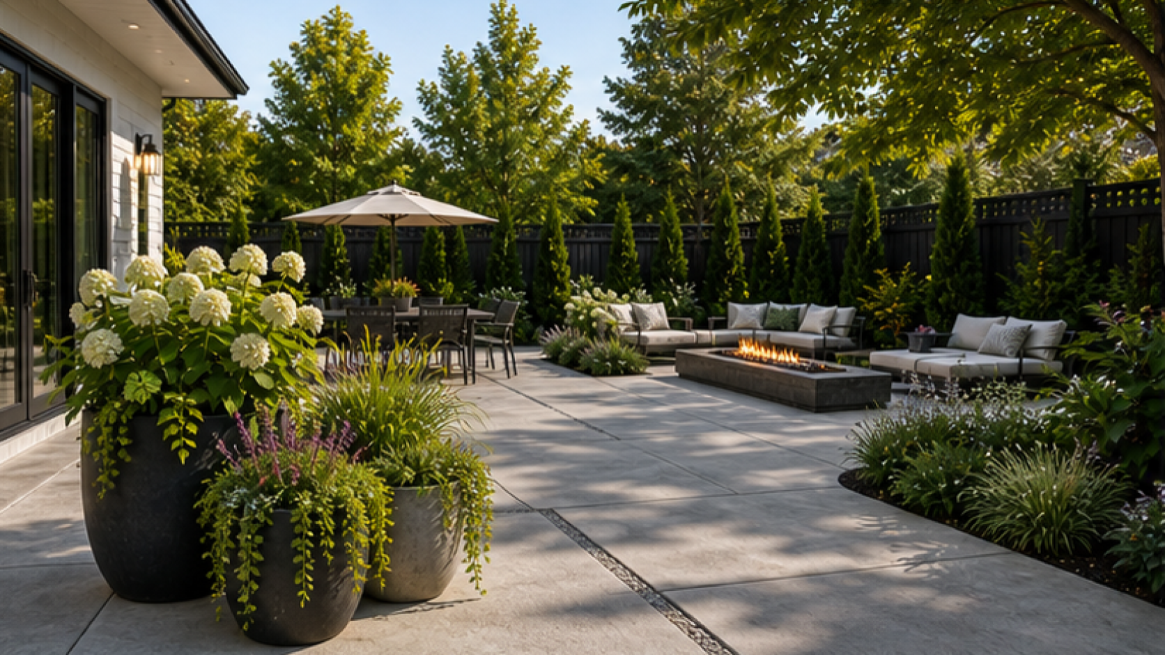 Concrete Patio Ideas with grouped planters