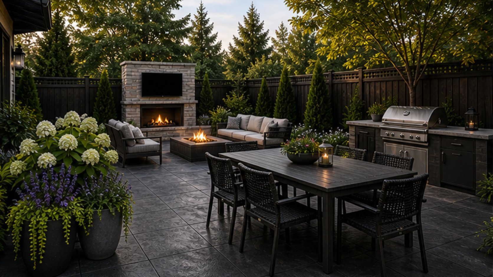Concrete Patio Ideas with dark wood accents