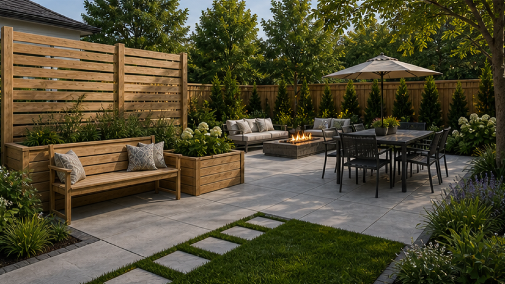 Concrete Patio Ideas with natural wood accents