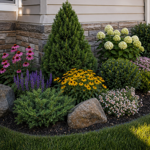 Corner Flower Bed Ideas with evergreen anchor
