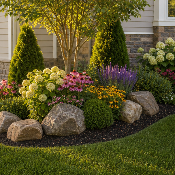 Corner Flower Bed Ideas with stone accent