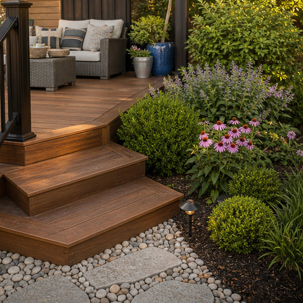 Deck Landscaping Ideas with material and planting detail