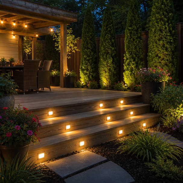 Deck Landscaping Ideas with evening light