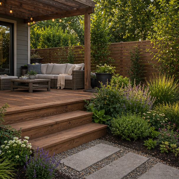 Deck Landscaping Ideas with materials and planting