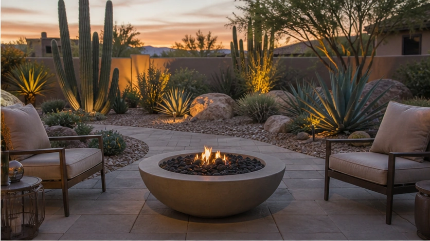 Desert Landscaping Ideas with fire bowl
